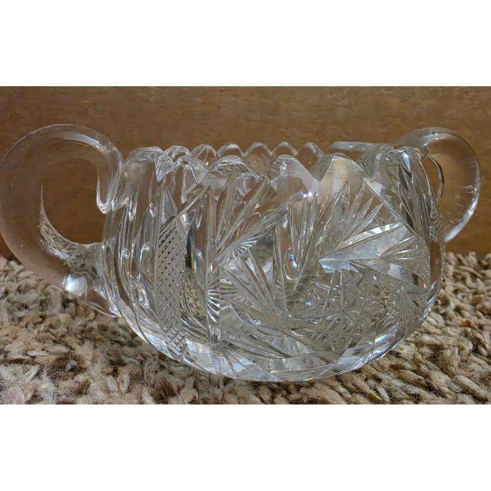 Vintage Cut Glass Sugar Bowl Two Handled Crystal Pinwheel Hobstar Starburst 7in